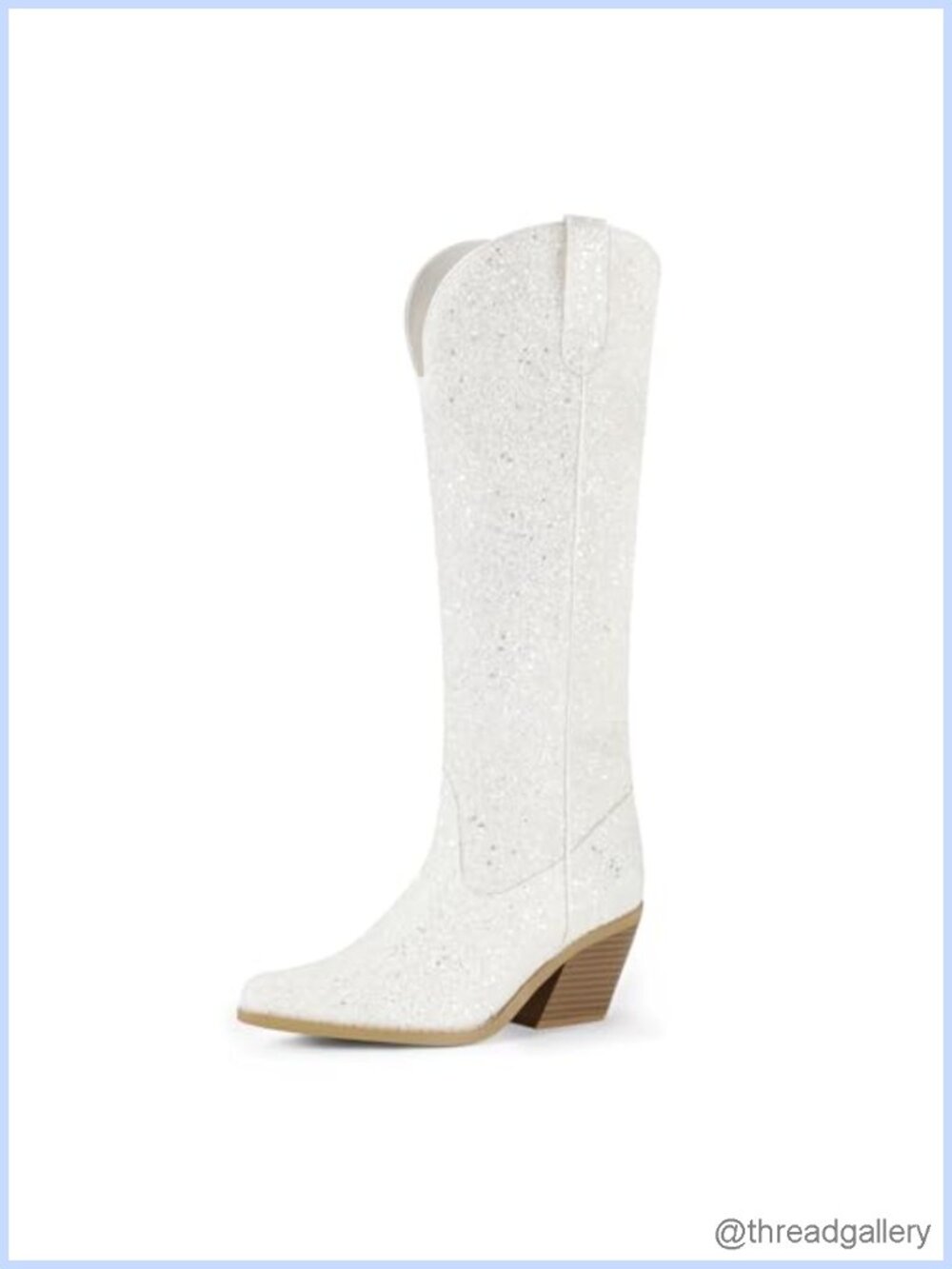Glitter Sequin Knee High Western Boots with Block Heel and Side Zipper